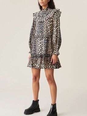 Ganni Printed Cotton Frill Dress, Leopard